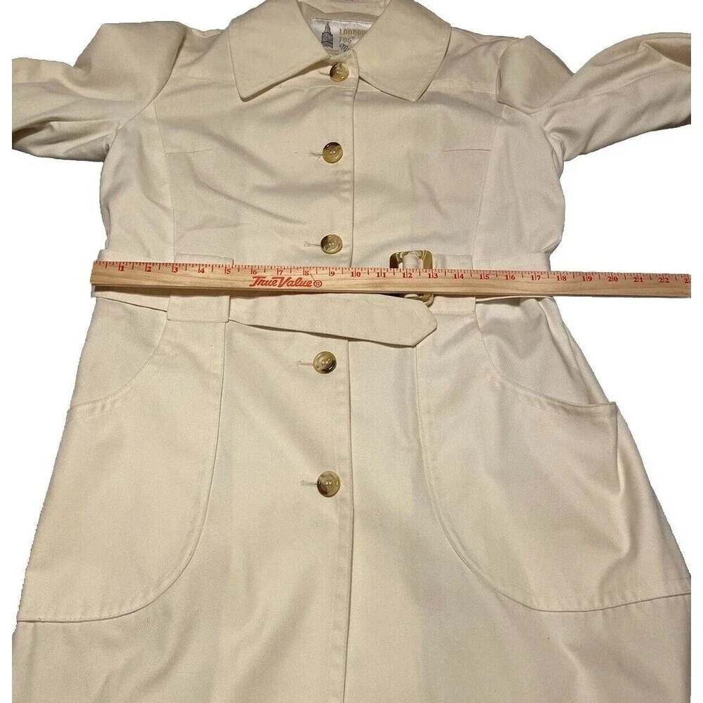 London Fog Off White Maincoat Trench Coat Faux Tortoise Buttons & Buckle - Picture 14 of 16